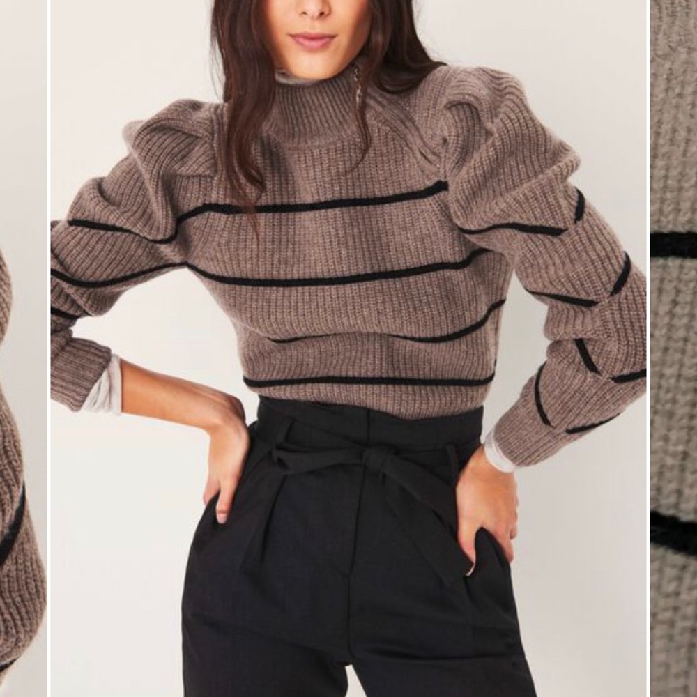 ba&sh Taupe Ribbed Puff-Sleeve Sweater with Black Stripes
